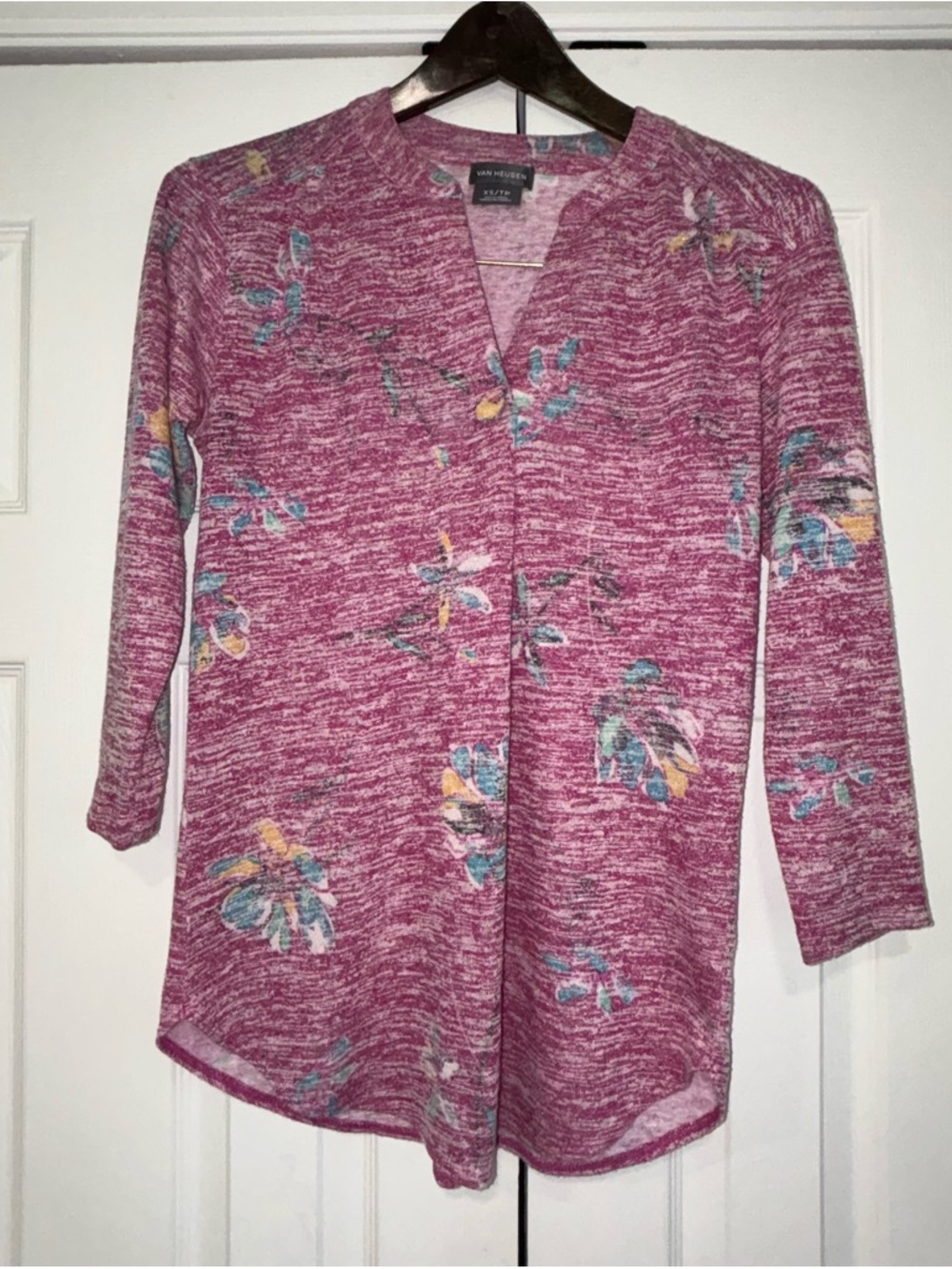 Van Heusen Pink Floral Open-Front Knit Top 3/4 Sleeve Size XS